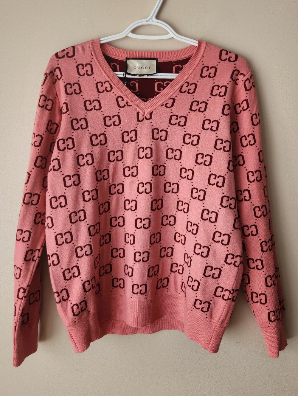 Pink V-Neck Monogram Sweater